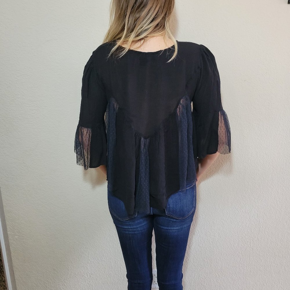 Juniors Black Boho Top Small Peasant 3/4 Raglan Sleeve Womens Flowy Tulle Lace - Picture 6 of 7